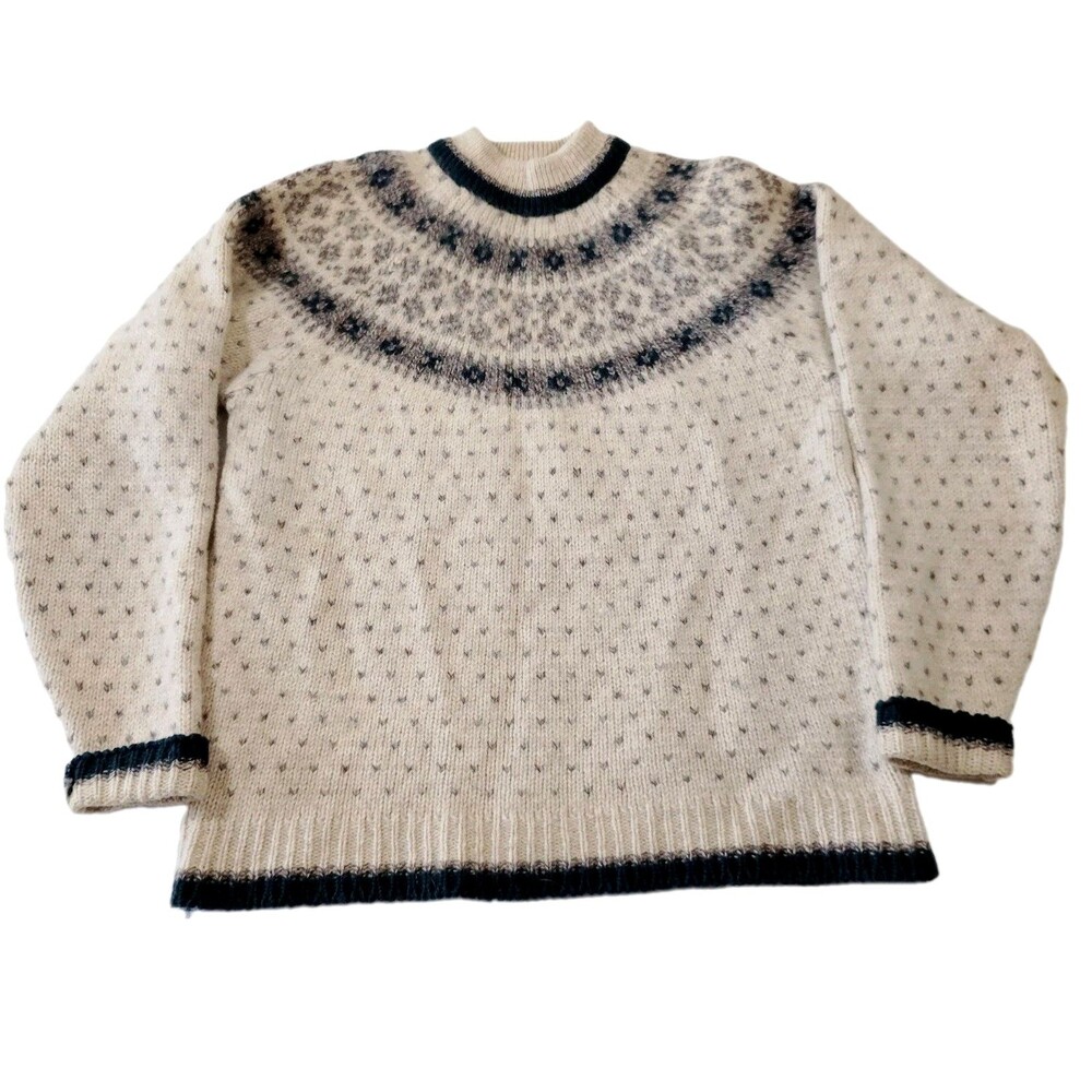 Cabin Fever Vintage Fair Isle Sweater 100% Shetland Wool Chunky Beige Green L